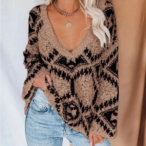 Knit Fuzzy Distressed V Neck Sweater Brown